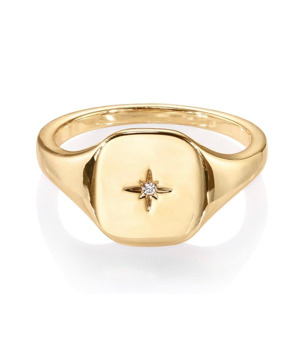 14K Yellow Gold Diamond North Star Signet Ring | Dainty Unisex Thick Statement