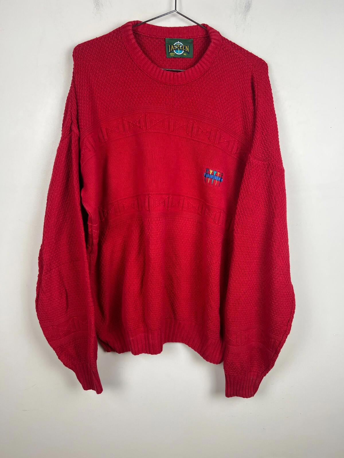 Vintage Janzen USA Red Knit Sweater XL Golf Tee Embroidery Crewneck Pullover 90s