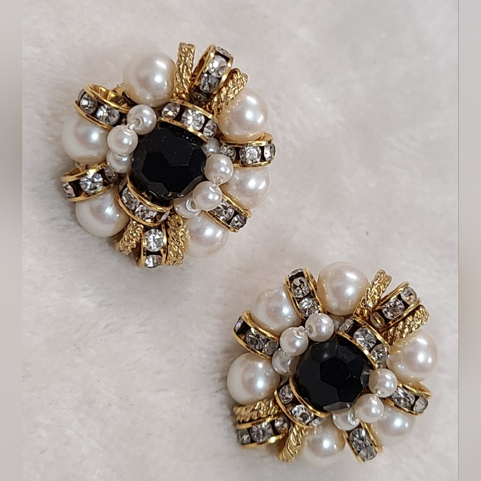Vintage Napier Faux Pearl Gold Tone Earrings - Black Center Stone & Clear Stones