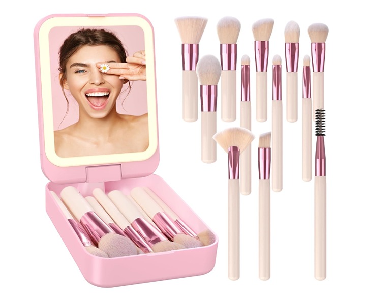 #2486 birthday Gifts for Women-Travel Makeup Brush Set with LED Light Mirror, Tr