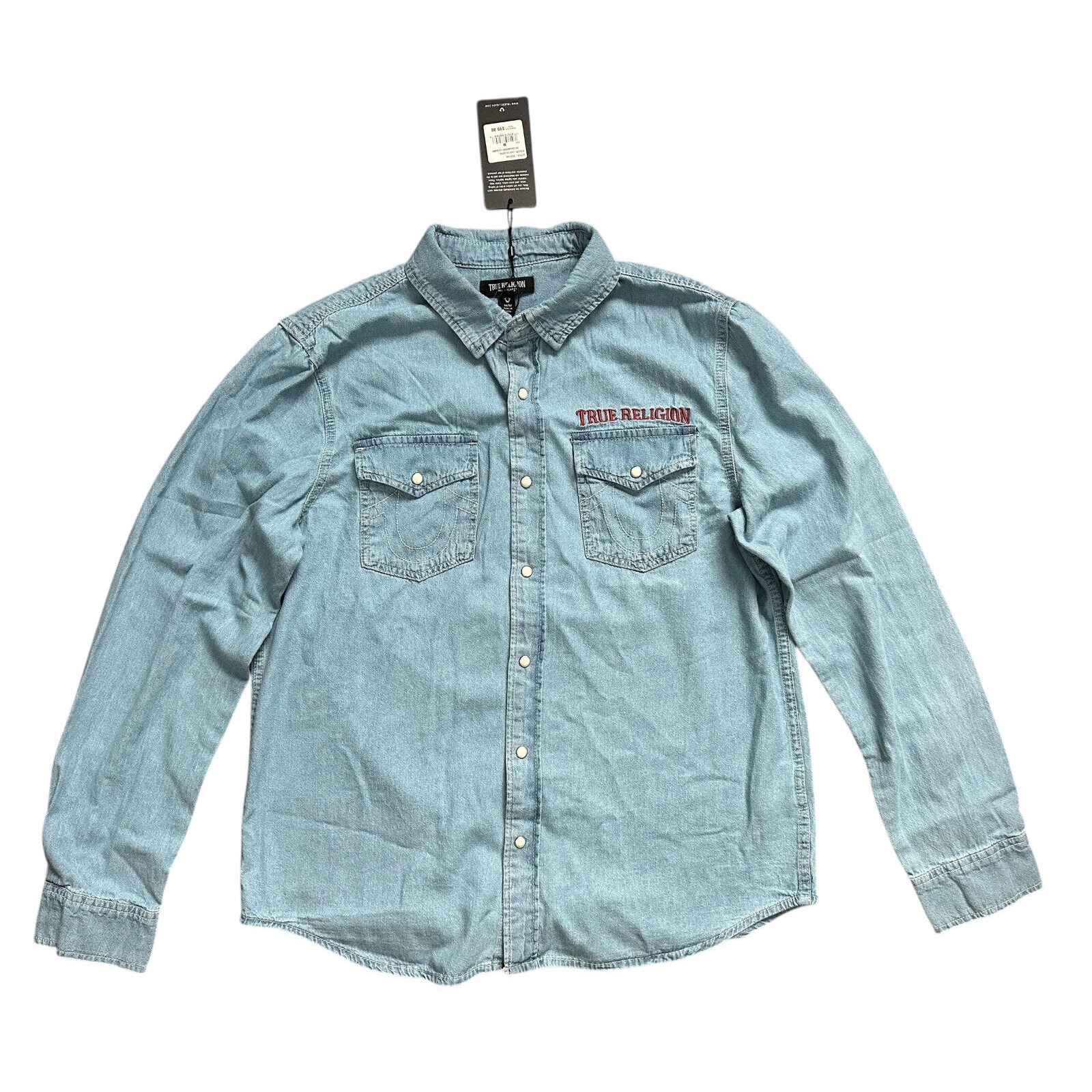 True Religion Denim Light Blue Western Pearl Snap Jean Chambray Mens Shirt Sz M