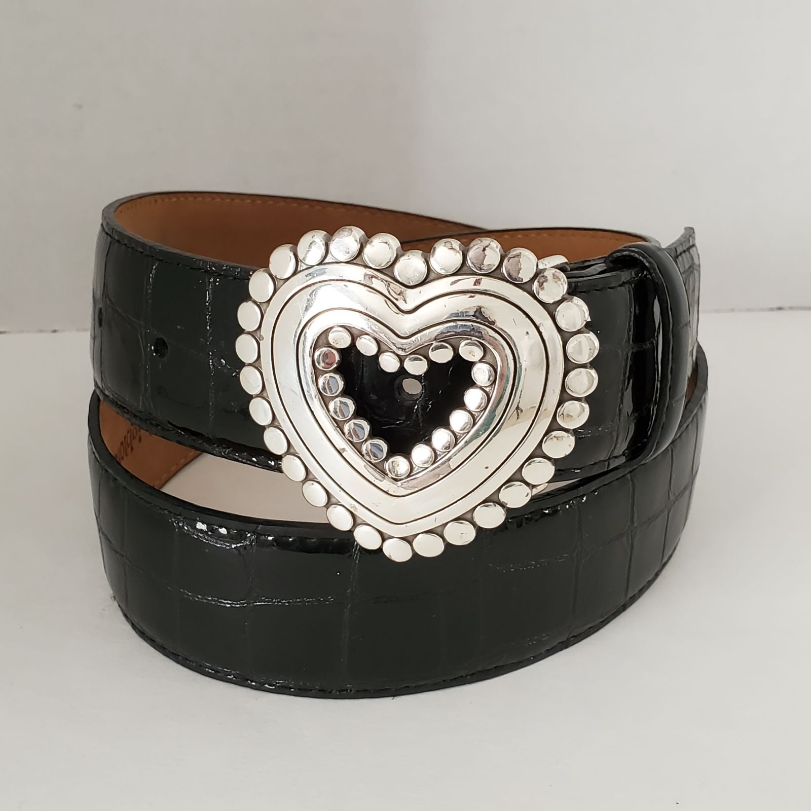 Brighton Black Patent Snakeskin Pattern Belt with Silver Open Heart Size 32