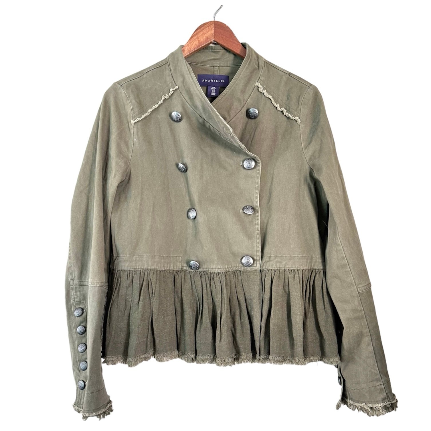 Amaryllis Military Peplum Button Front Cotton Linen Jacket Green Size Small