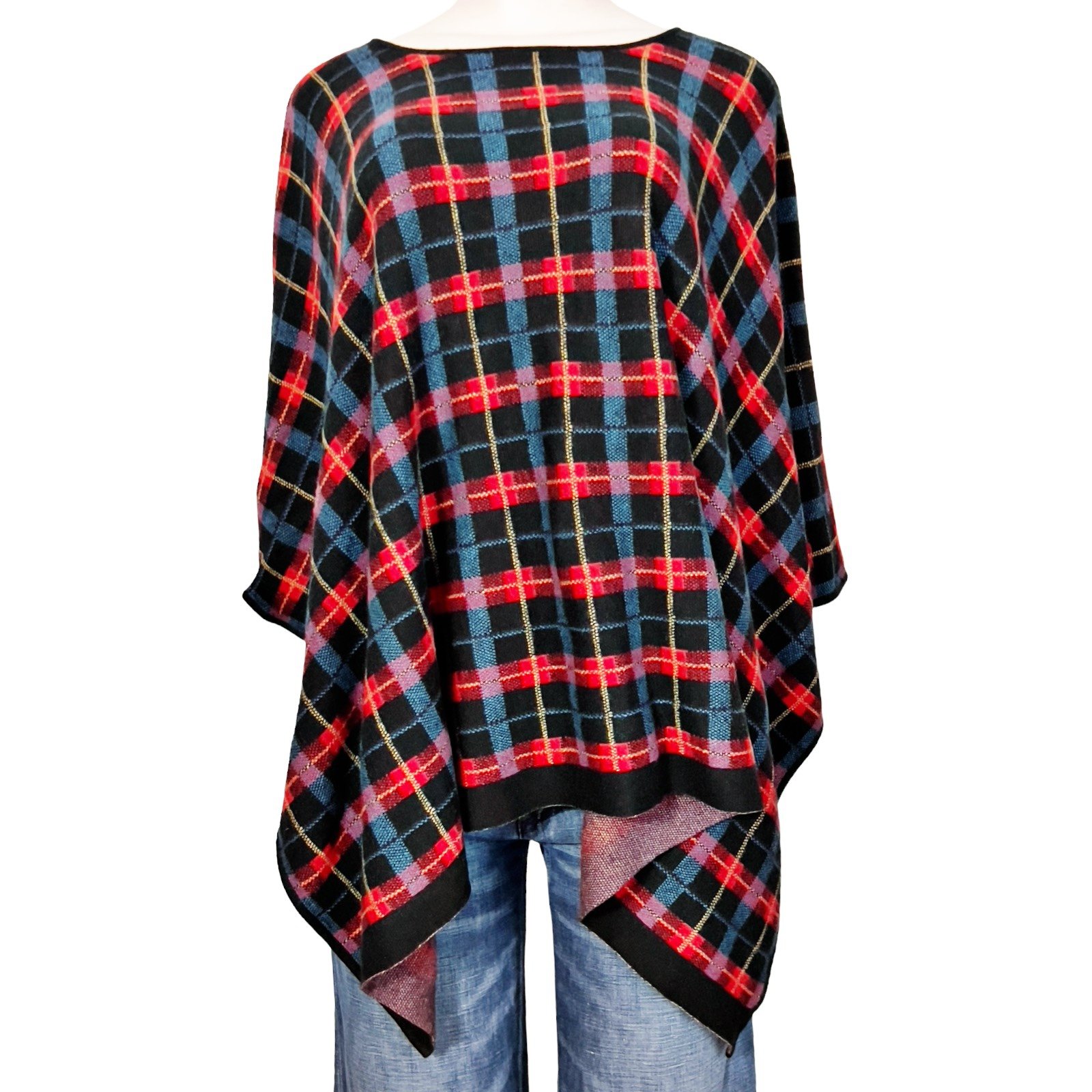 Anne Klein Silk/Wool Blend Plaid Tartan Poncho SZ L Red + Multi