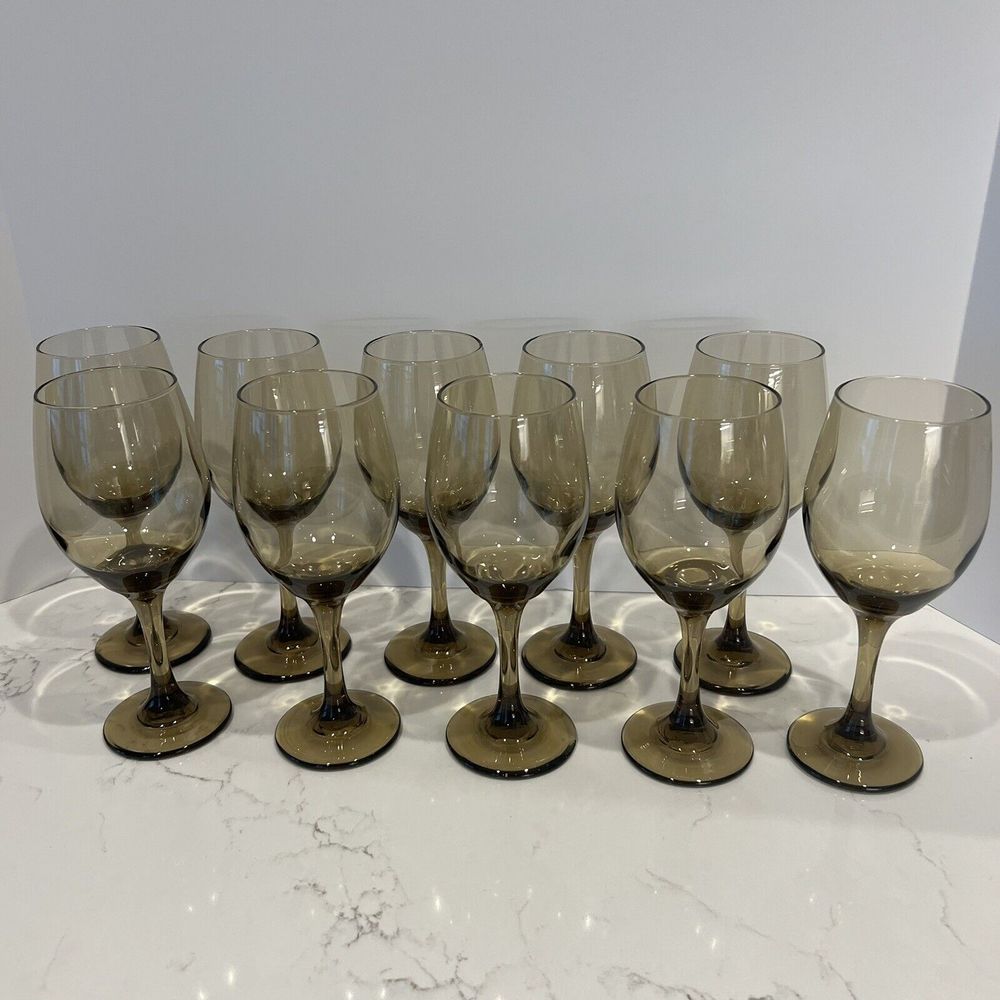 Set Of 10 MCM Wine Water Glasses Amber Brown 12 Oz