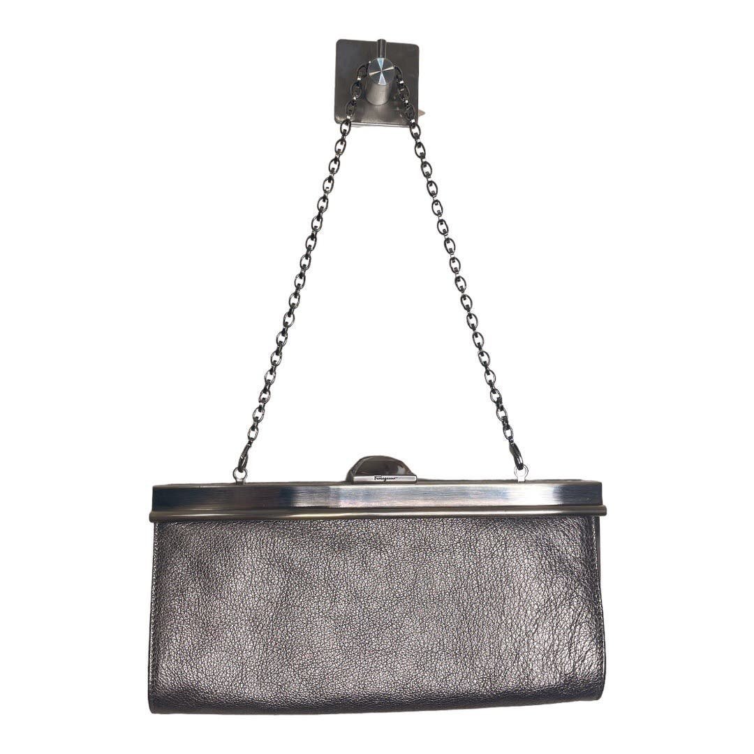 Salvatore Ferragamo Pewter Leather Clutch Frame Bag Chain Strap + Box + Bag