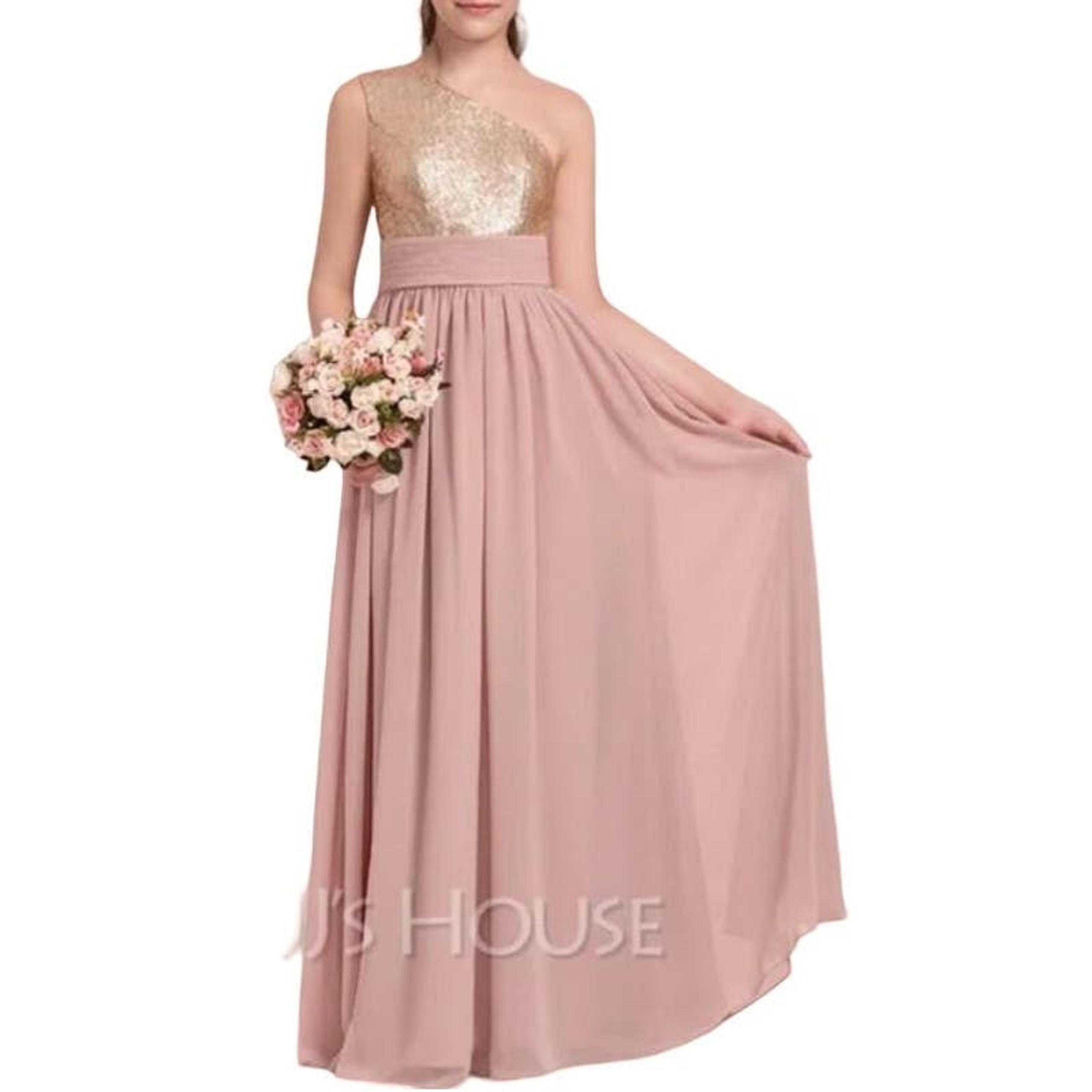 JJ House Juniors A-line One Shoulder Chiffon Sequin​​​​​ in Dusty Rose, Size 10