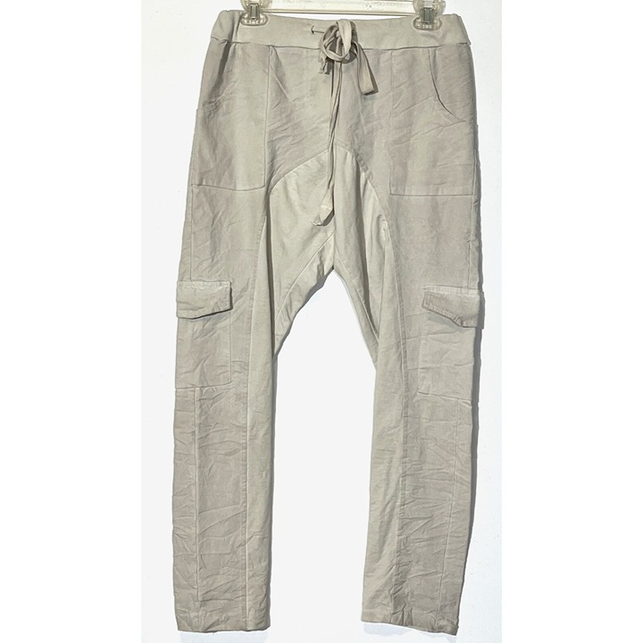 Venti6 Light Cream Crinkle Cargo Pockets Drawstring Stretch Pants - Italy