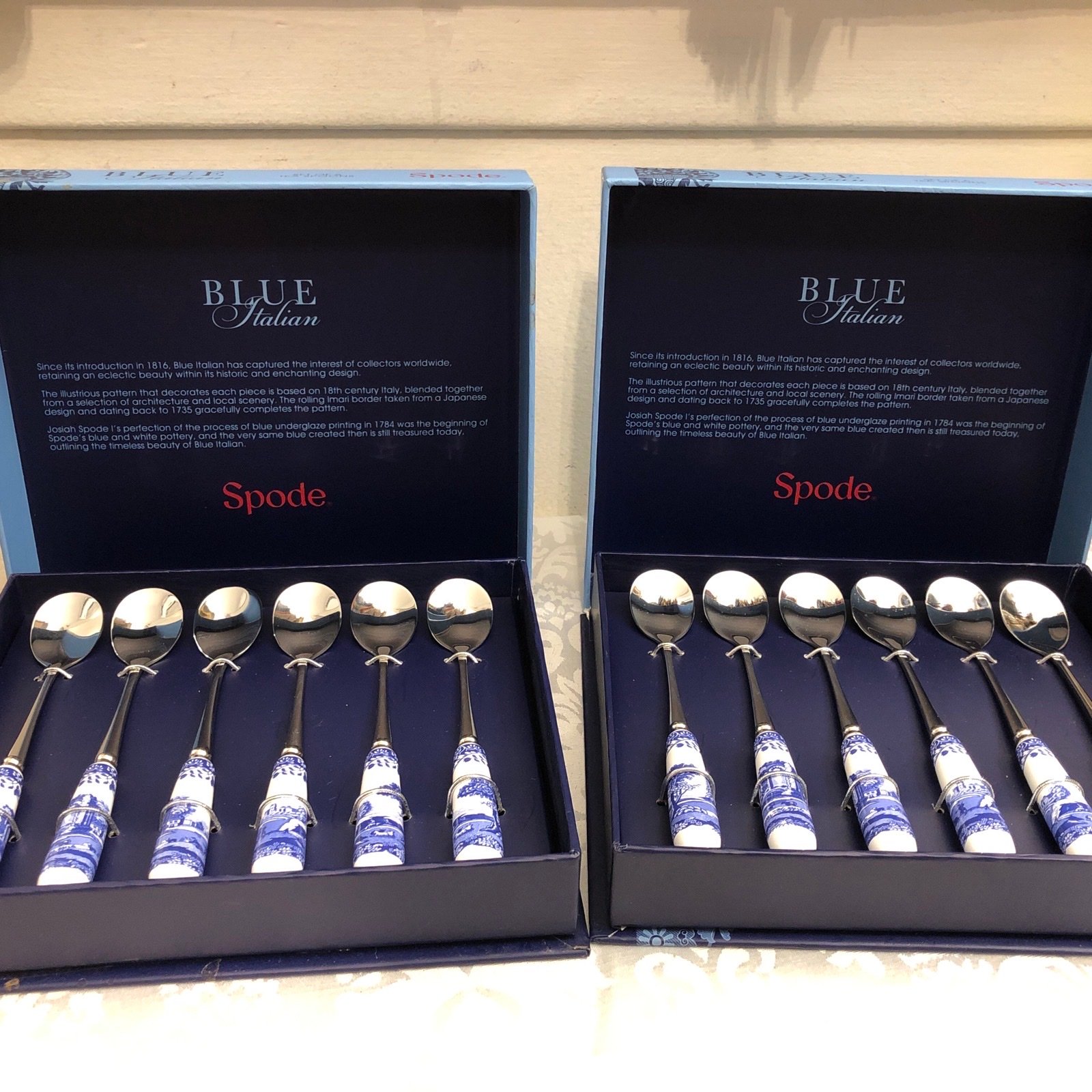 Spode Blue Italian Stainless Steel Porcelain Handles Teaspoons 2 Boxed Sets (12)