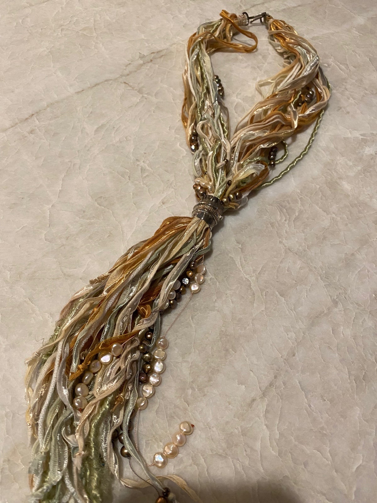 Mignon Faget Silk, selling silver, pearl Necklace Scarf Scarred Node