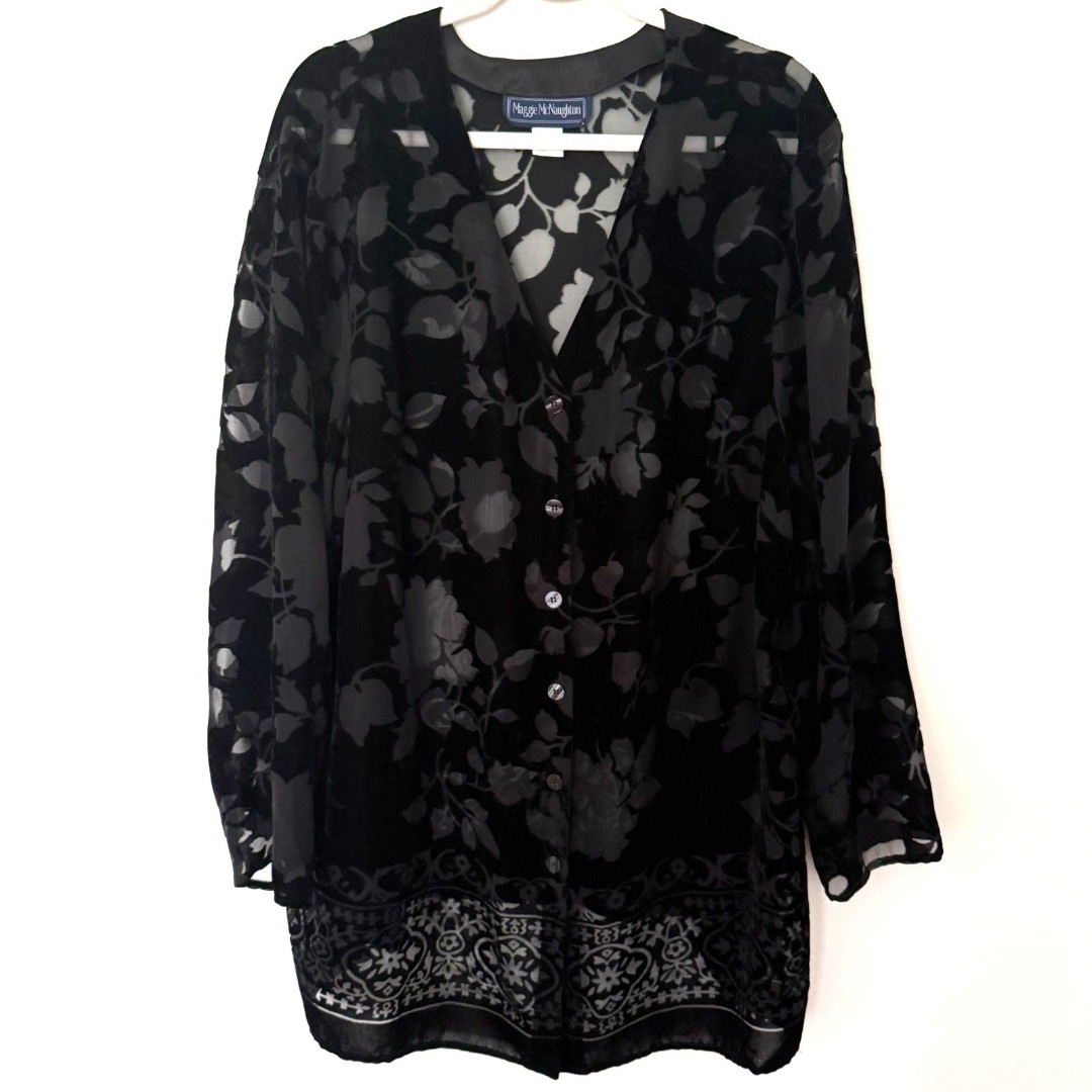 VTG Maggie McNaughton Floral Velvet Burnout V Neck Button Down Sheer Blouse 20W