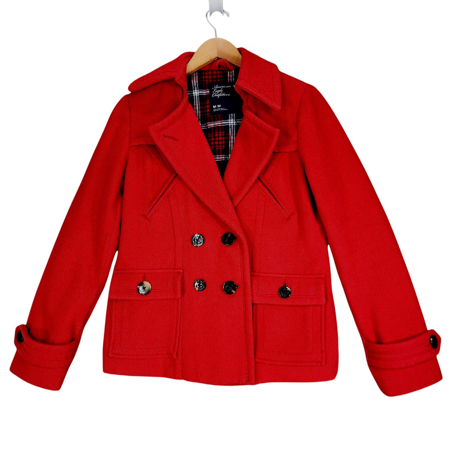 American Eagle sz M Women Quilted Pea Coat Red Wool Double Breasted Nautical Y2K