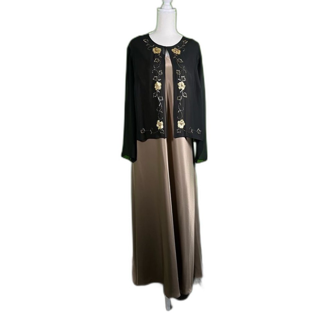 Milla Belo KM Collections Black Tan Embroidered Maxi Dress w embroidered top 22W
