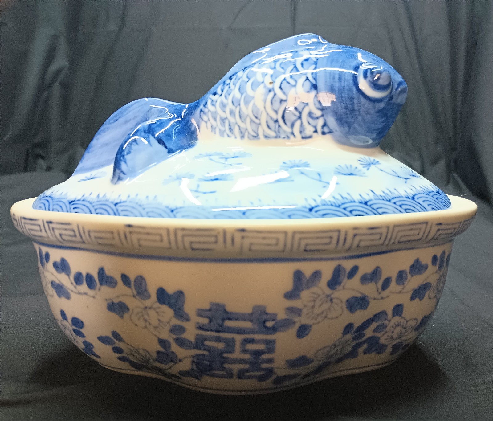 Blue & White Koi Double Happiness Motif Tureen