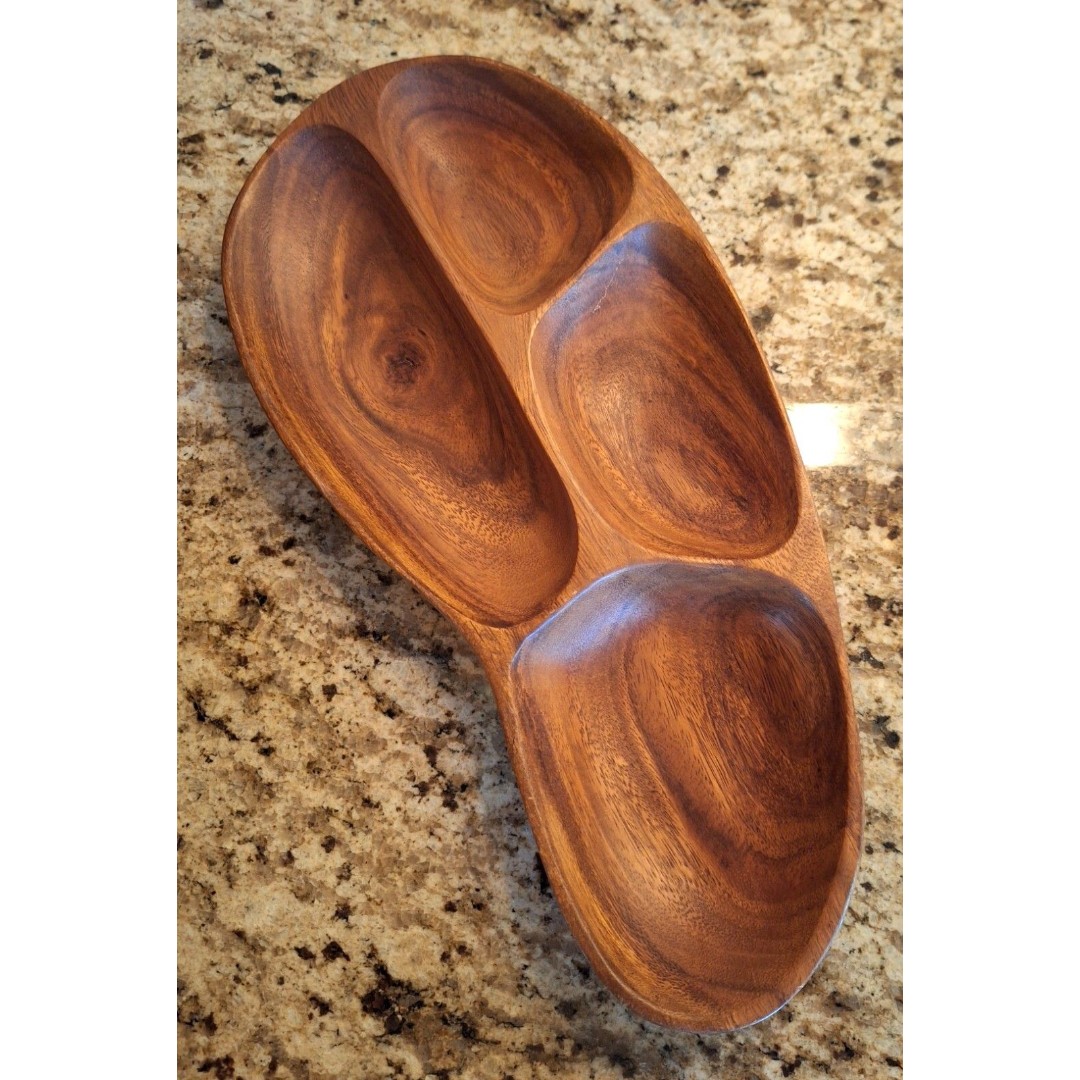 Leilani Hand Crafted Monkey Pod Divided Platter 4 Compartments Kidney Shape 14