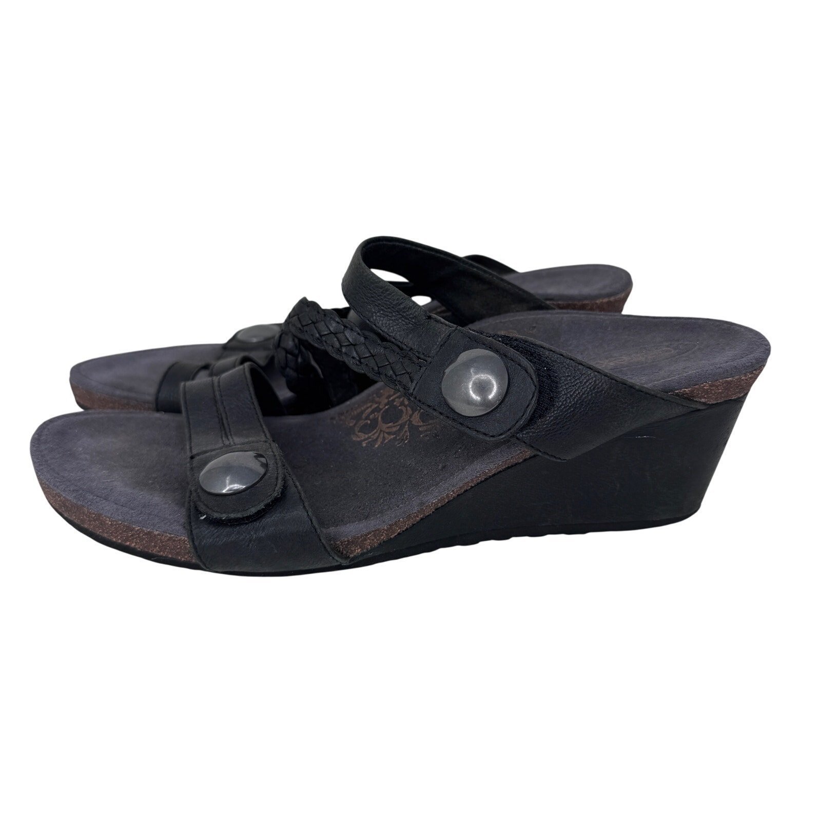 Aetrex Sandals Lydia Strappy Wedge Sandal Leather Slip-On Black Womens Sz 9-9.5