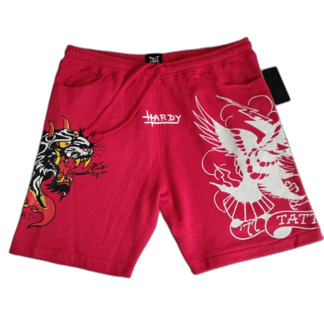 Ed Hardy Men's Hellcat Tattoo Red Fleece Drawstring Shorts Size XL