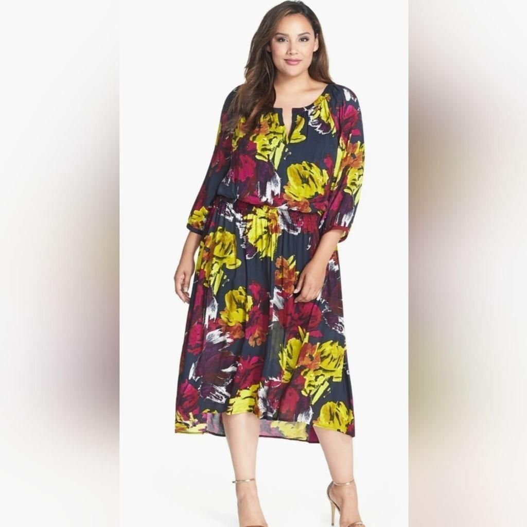 NWOT London Times Floral Print High/Low Blouson Dress Size 3X 22/24