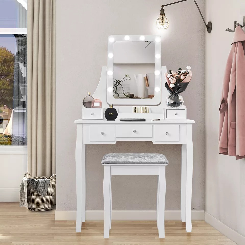 Vanity Dressing Table Set w/ 10 Dimmable Bulbs Touch Switch Cushion Stool White
