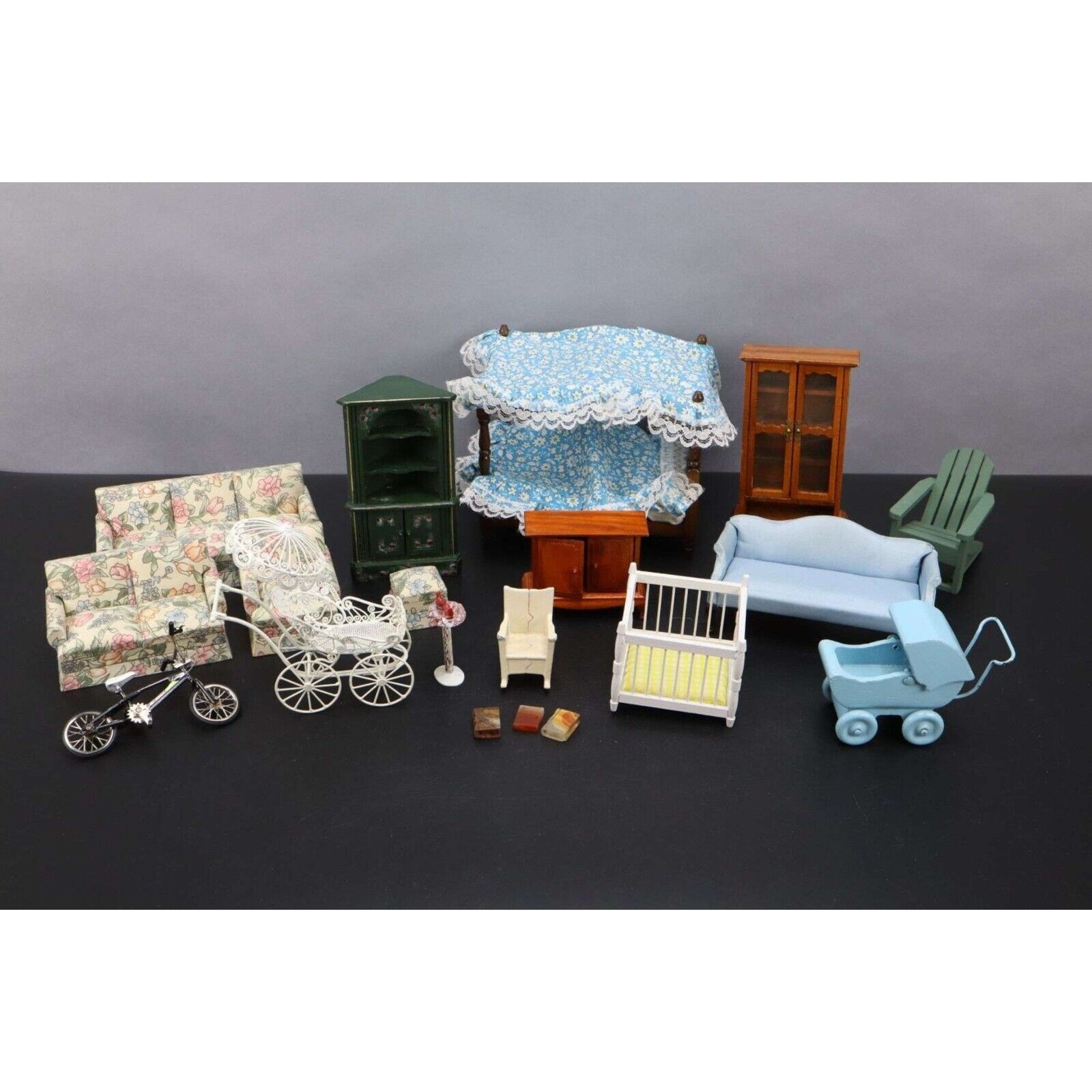 Vintage Miniature Dollhouse Furniture Bike Buggies Birdbath Books Etc. Lot