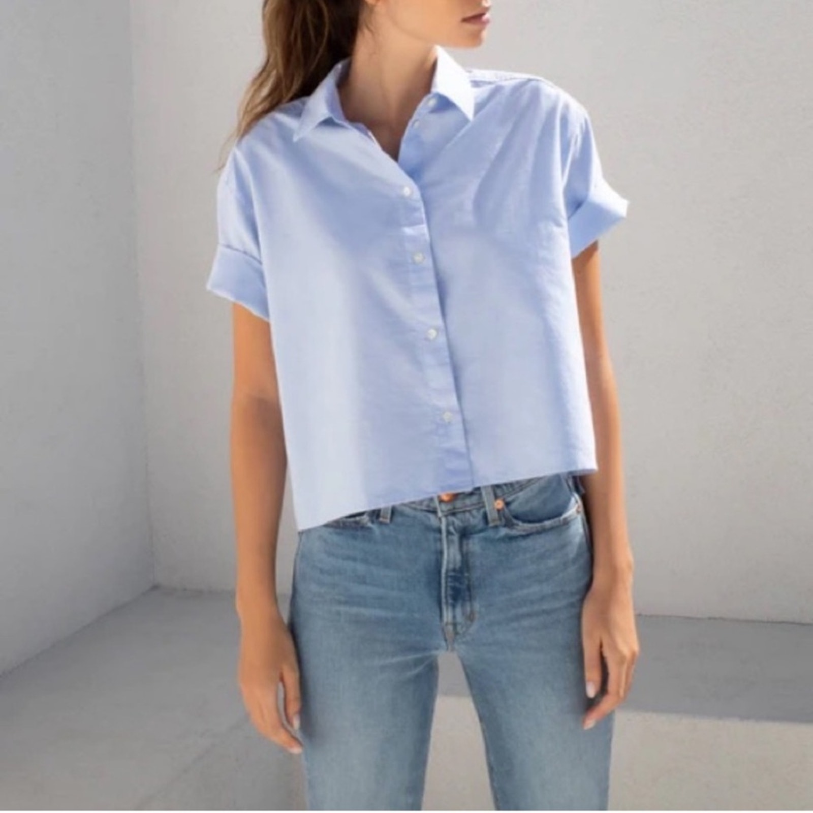 AYR Women's The Book Club Cropped Button Down Top - Oxford Blue - XL - NWT