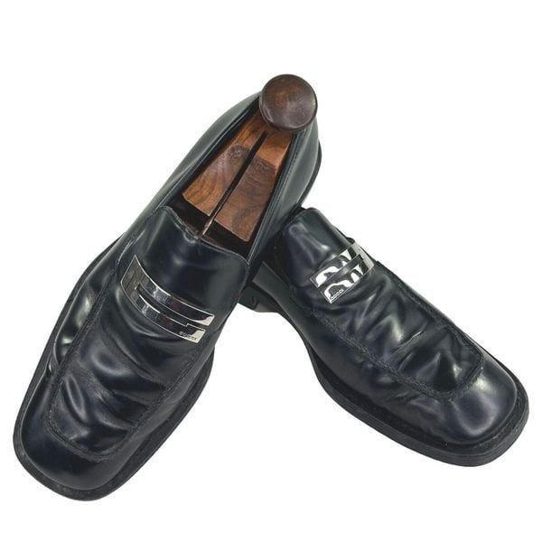 VTG Gucci Men's Square-Toe Loafers US 10 D Black Leather Slip-on Dress Shoes
