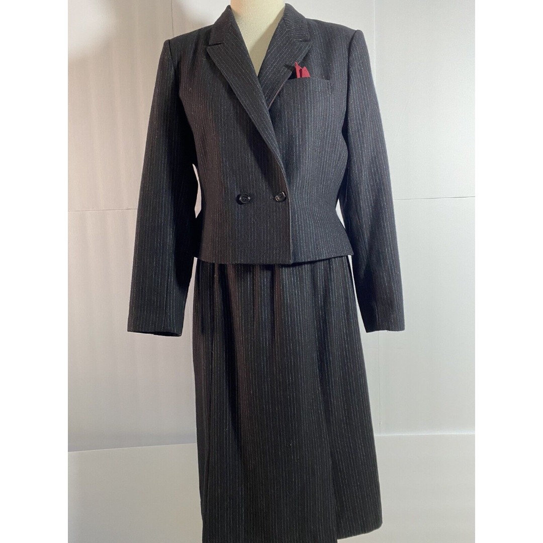 Sasson Suit Women 10 Wool Blend 2Pcs Jacket/Skirt Suit Lined Shawl Striped Black