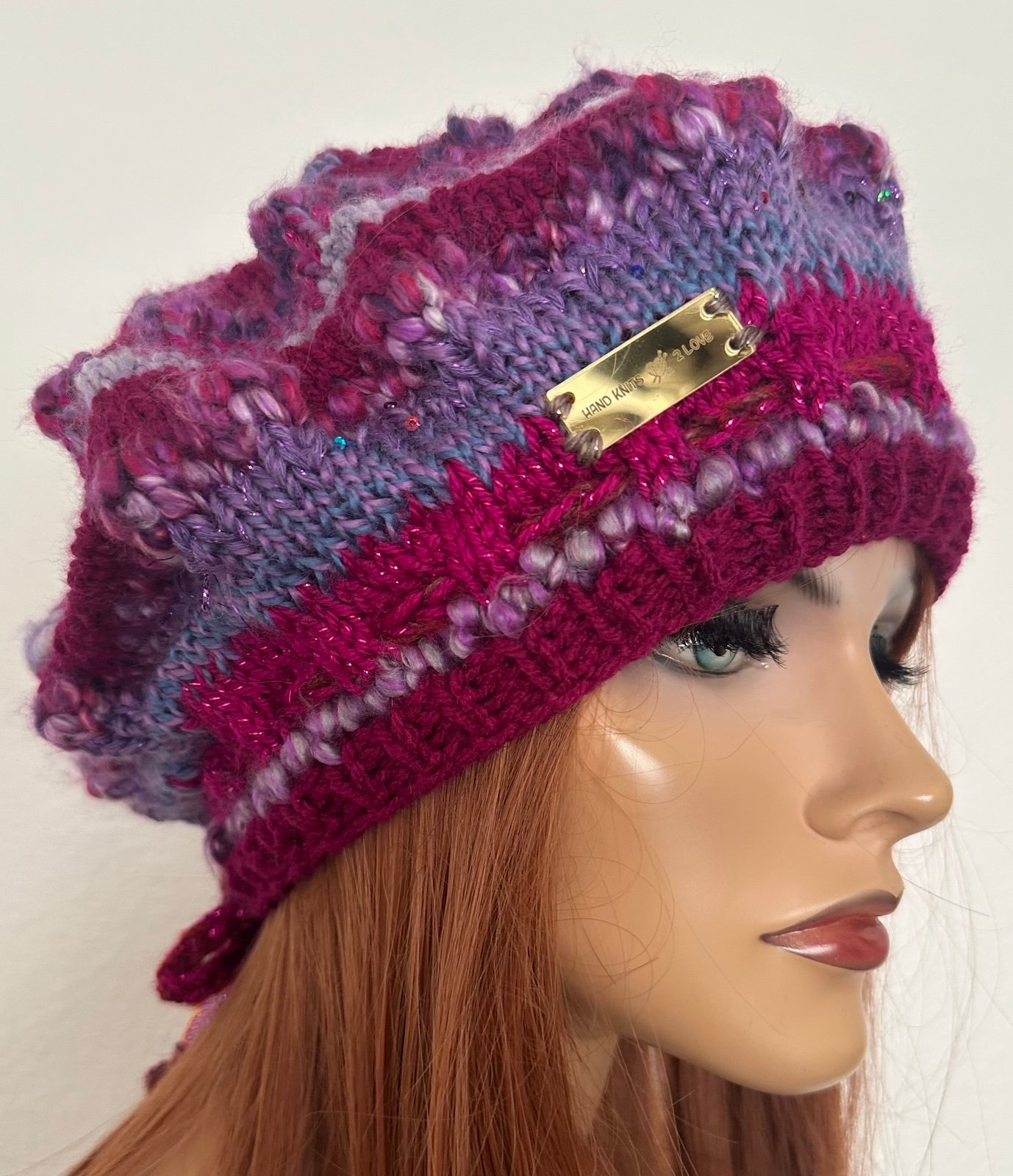 Hand Knits 2 Love Slouch Beanie Hat Adjustable Fit Decorative Beads Purple Hip