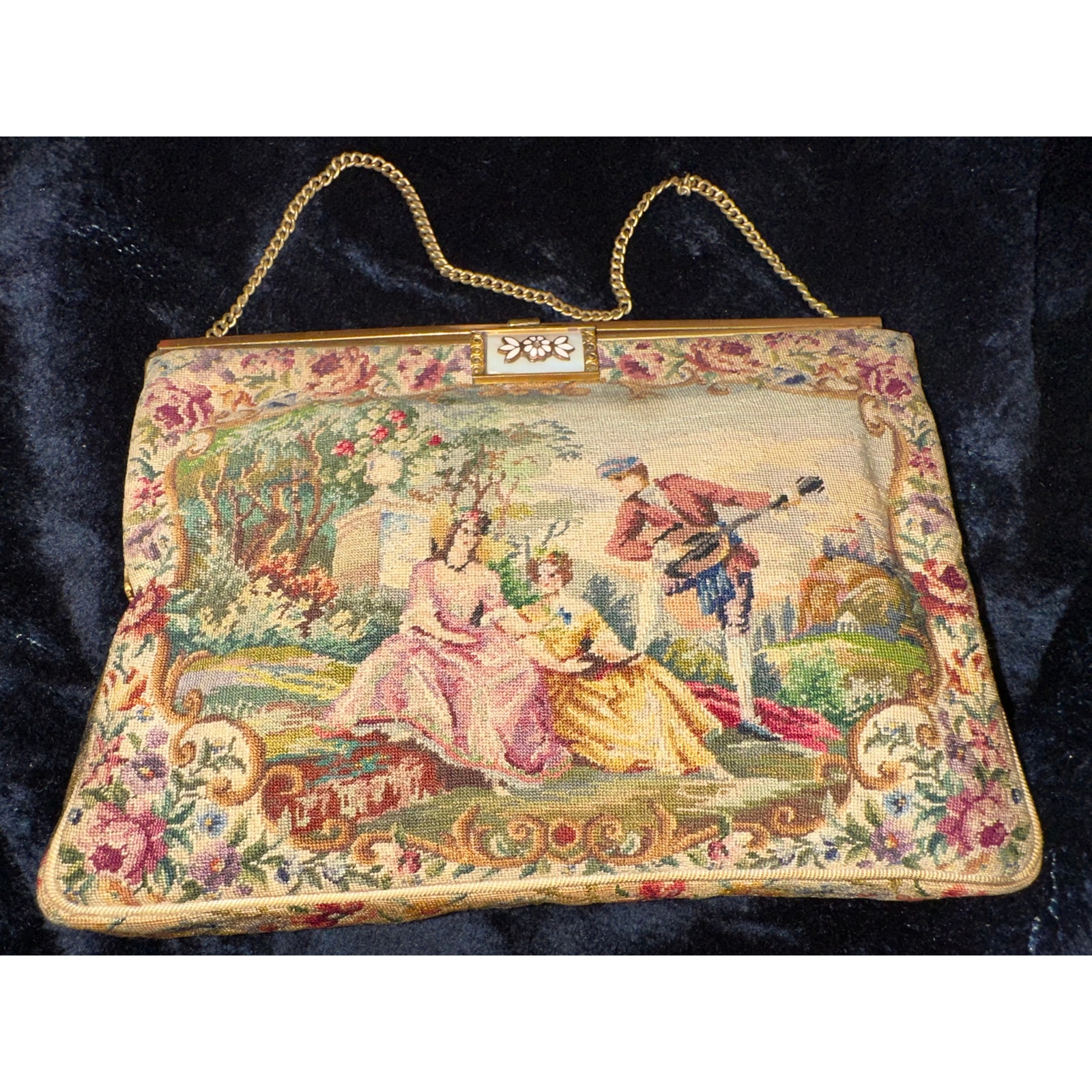 1940's WALBORG PETITPOINT BAG W/ UNIQUE MOTHER OF PEARL FRAME & CLASP