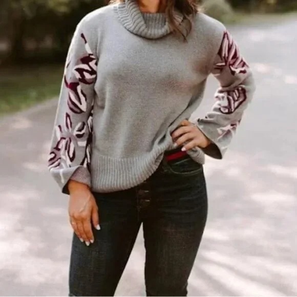 CAbi Eden Gray Purple Pullover Chunky Sweater