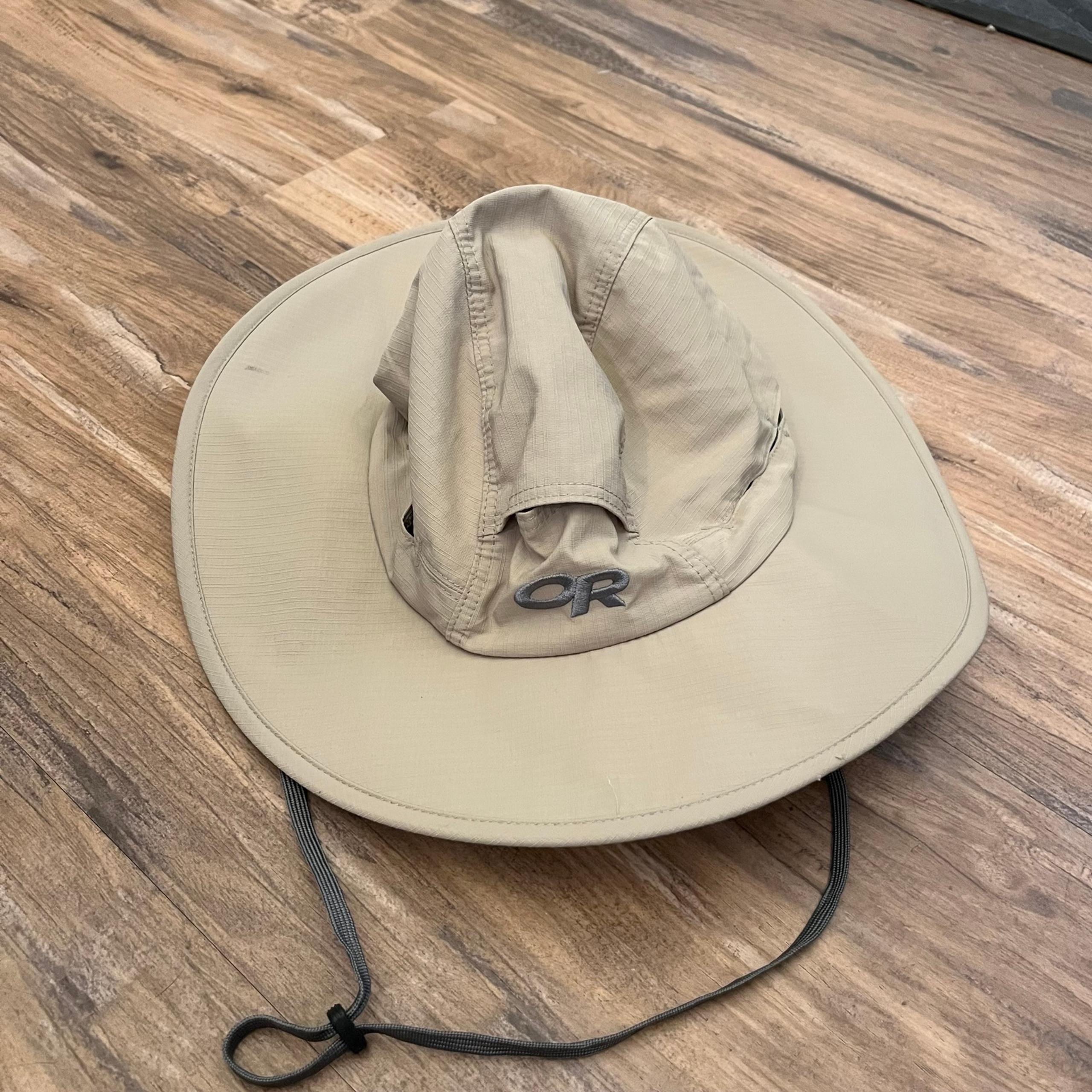 Men’s outdoor research big logo sombriolet nylon hiking sun hat sz M tan
