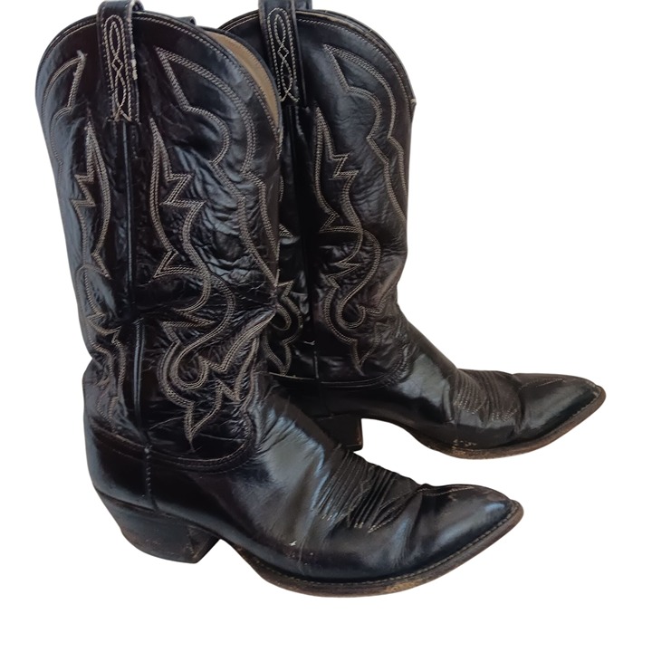 9D Men's Vintage 70's Black Leather Western Cowboy Boots Black Dan Post