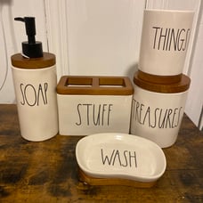 Rae Dunn Wood Trim Bathroom set (5)
