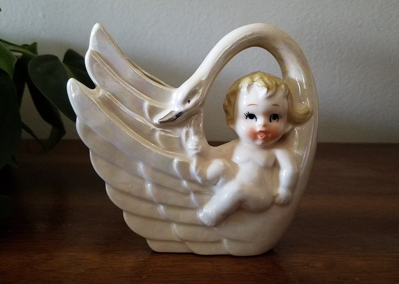 Vintage Baby Cherub on Iridescent Swan Wall Pocket Bradley Kitsch