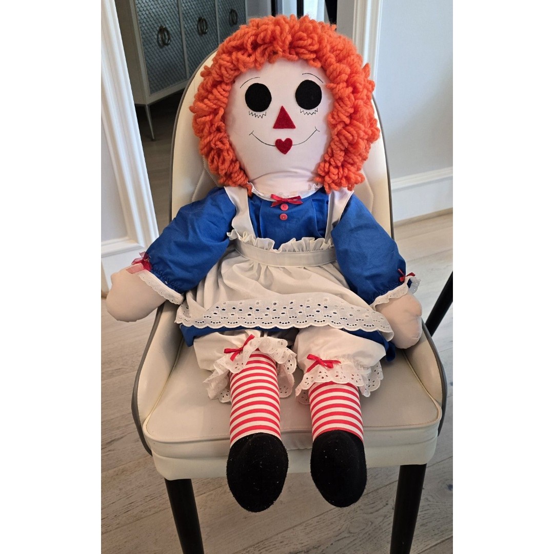 Large 36 Handmade Raggedy Ann Doll Yarn Hair Red & White Dress w/ Apron