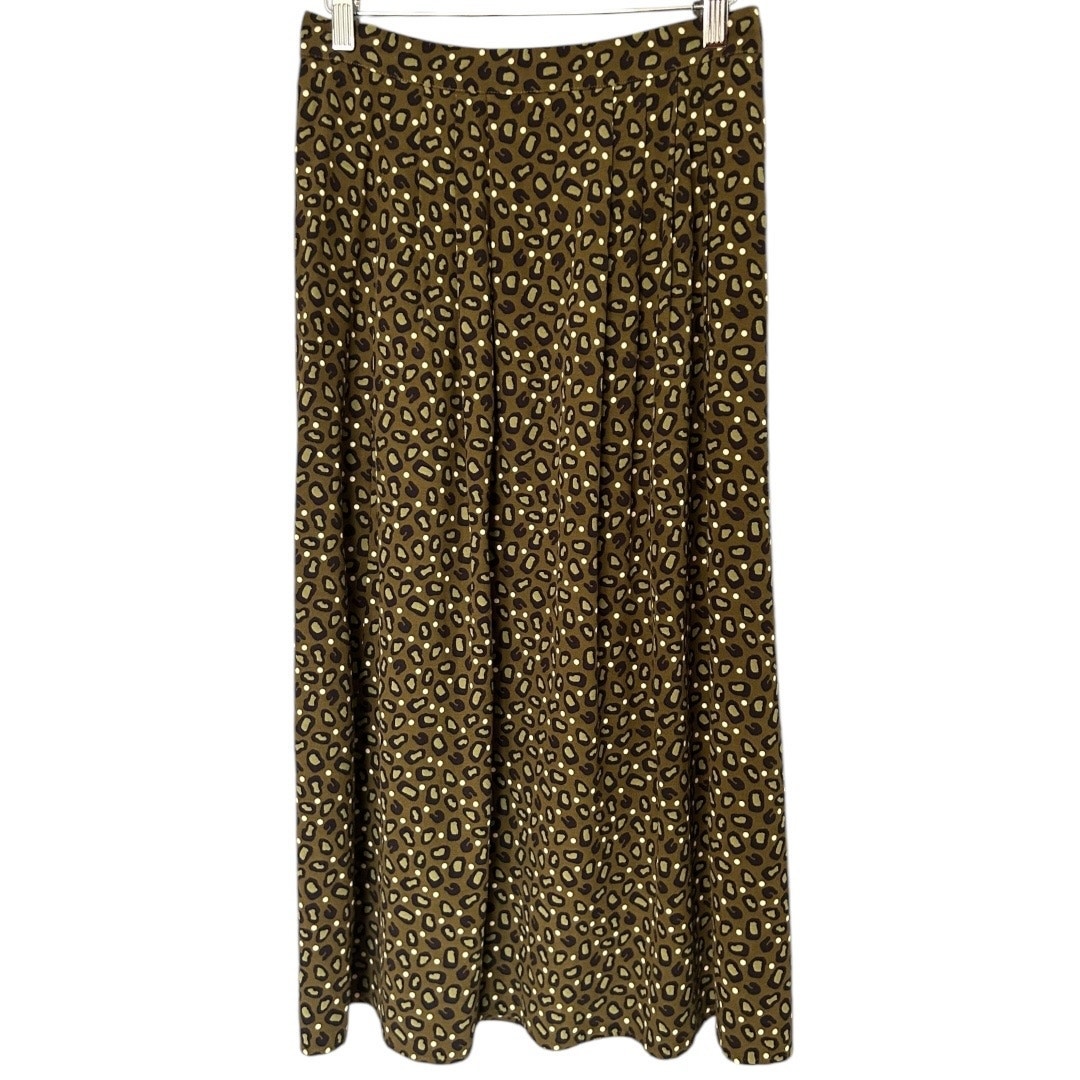 Bensimon Leopard Print Midi Skirt Women's 6 Viscose Olive Green Elastic Waist