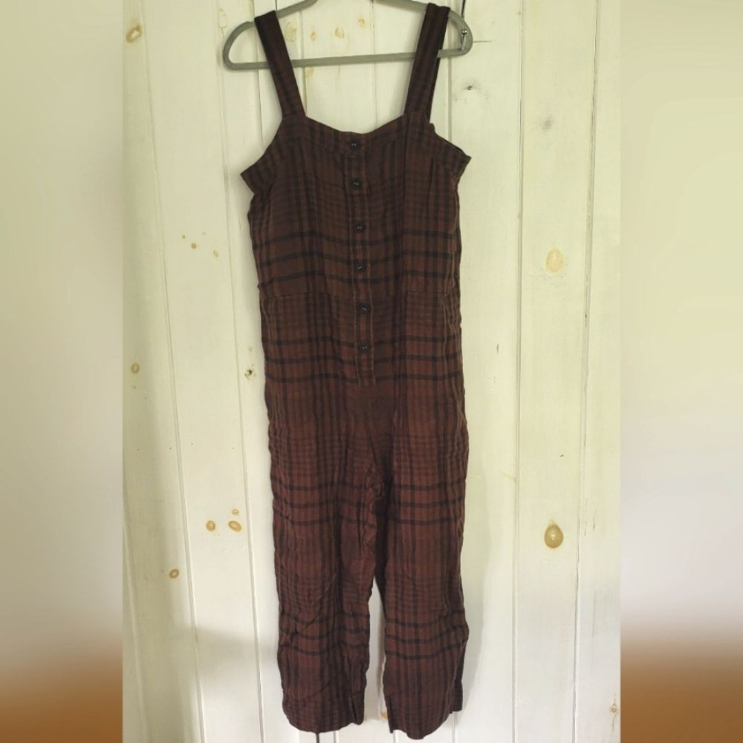 Everlane Linen Brown Black Plaid Button Down Jumpsuit