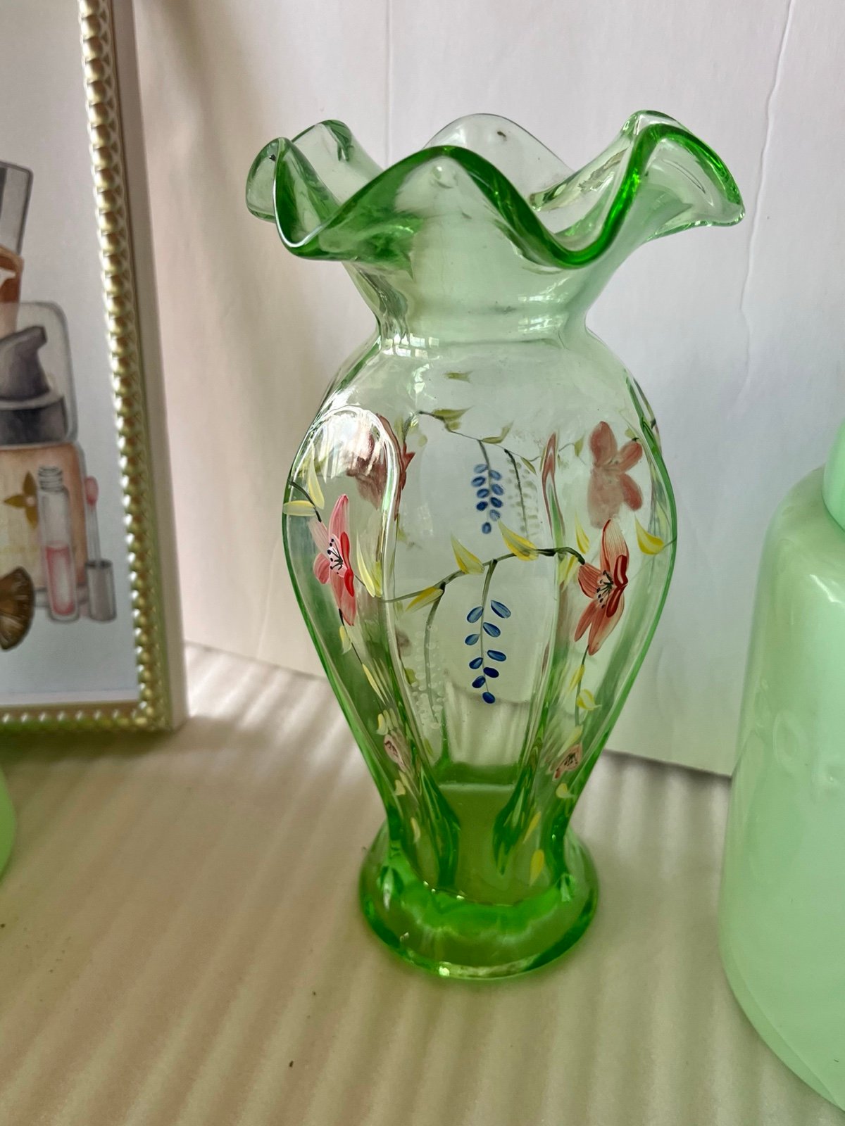 Antique Green Depression Glass Vase Hand painted Glass Floral Vase Art Deco