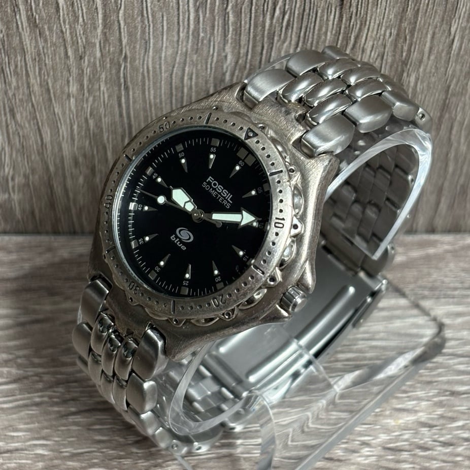 Vintage Black Fossil Stainless Steel Silver Men’s Watch With New Battery