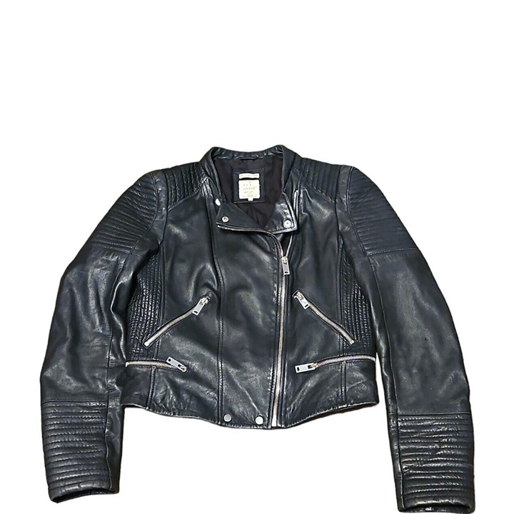 Zara TRF Leather Classic Jacket Womens Large Black Moto Silver Zippers Soft