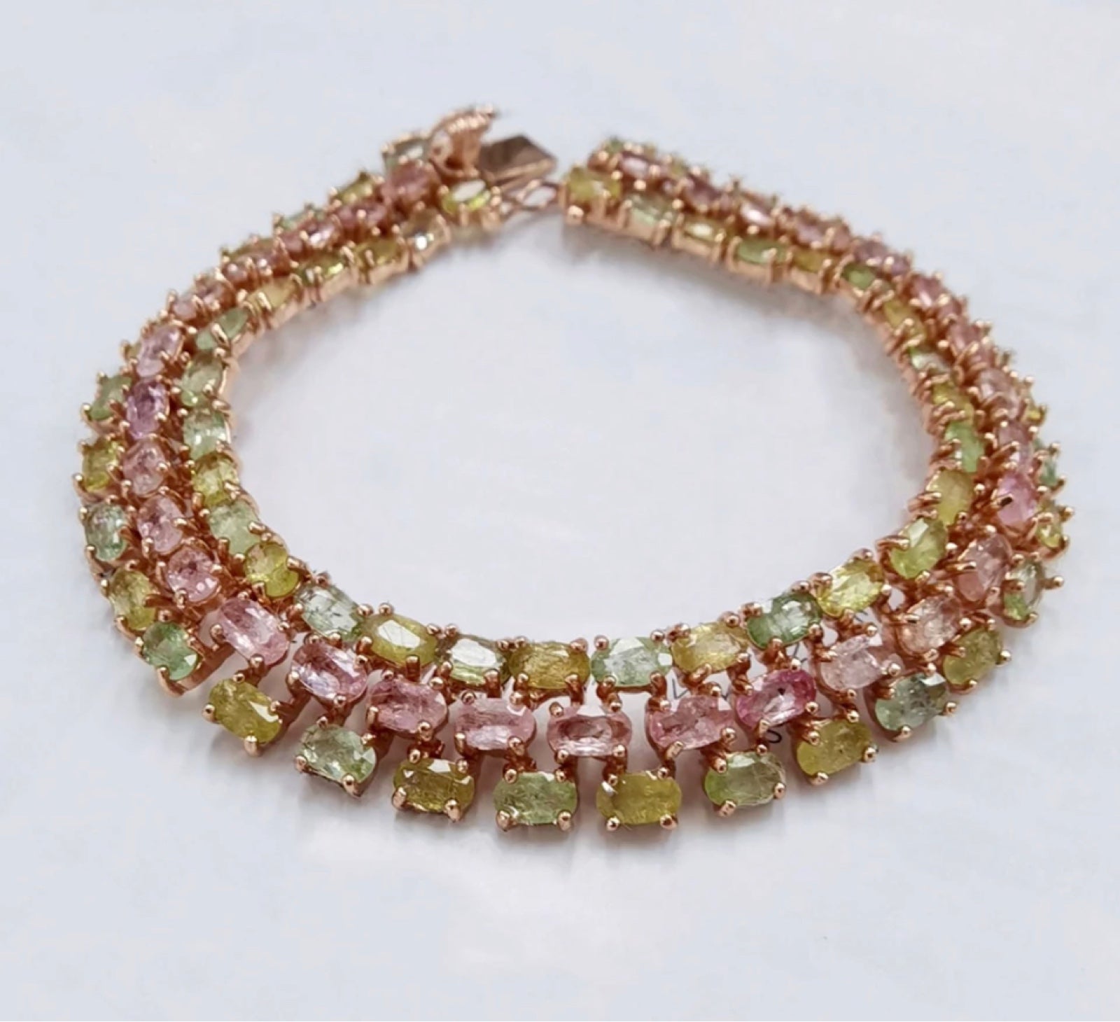 Natural Pink Yellow Green Tourmaline 925 Sterling Silver 3 Row Bracelet