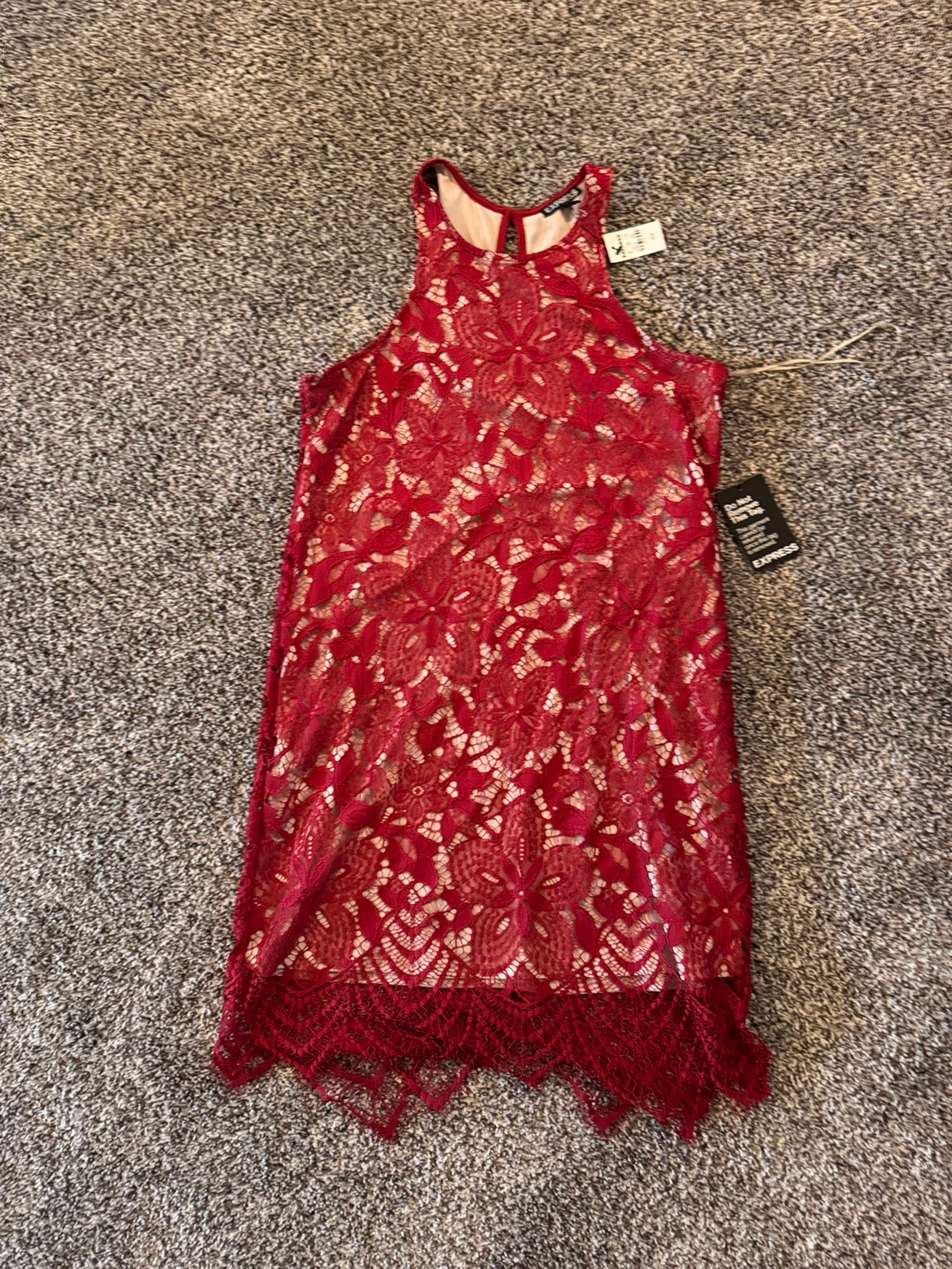Express Red Crochet over Beige Layered Dress Short Cocktail Party Size Medium