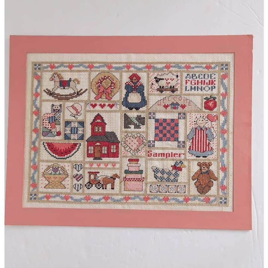 Vintage Cross Stitch Completed Americana School House Rocking Horse Teddy Bear IV11290 Vintage Cross Stitch Completed Americana School House Rocking Horse Teddy Bear IV11290