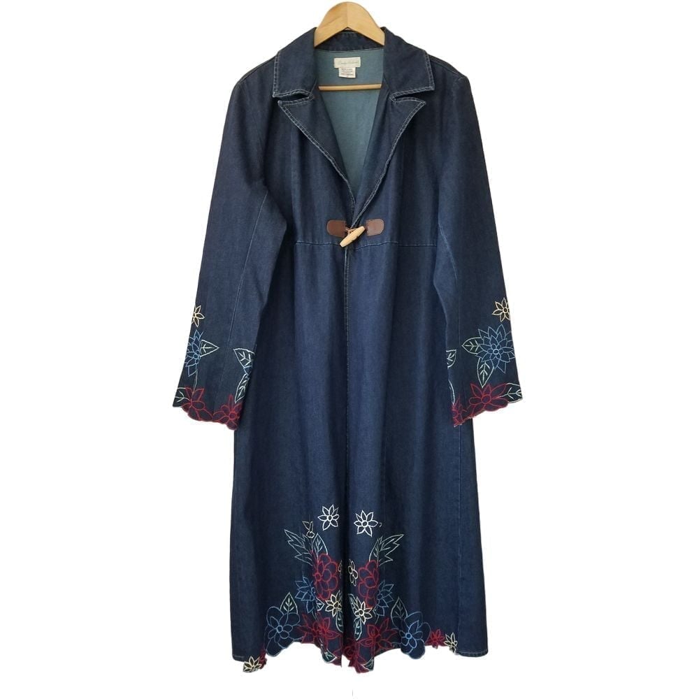 Cindy Ambuehl Long Denim Coat Embroidered Size 1X Denim Blue