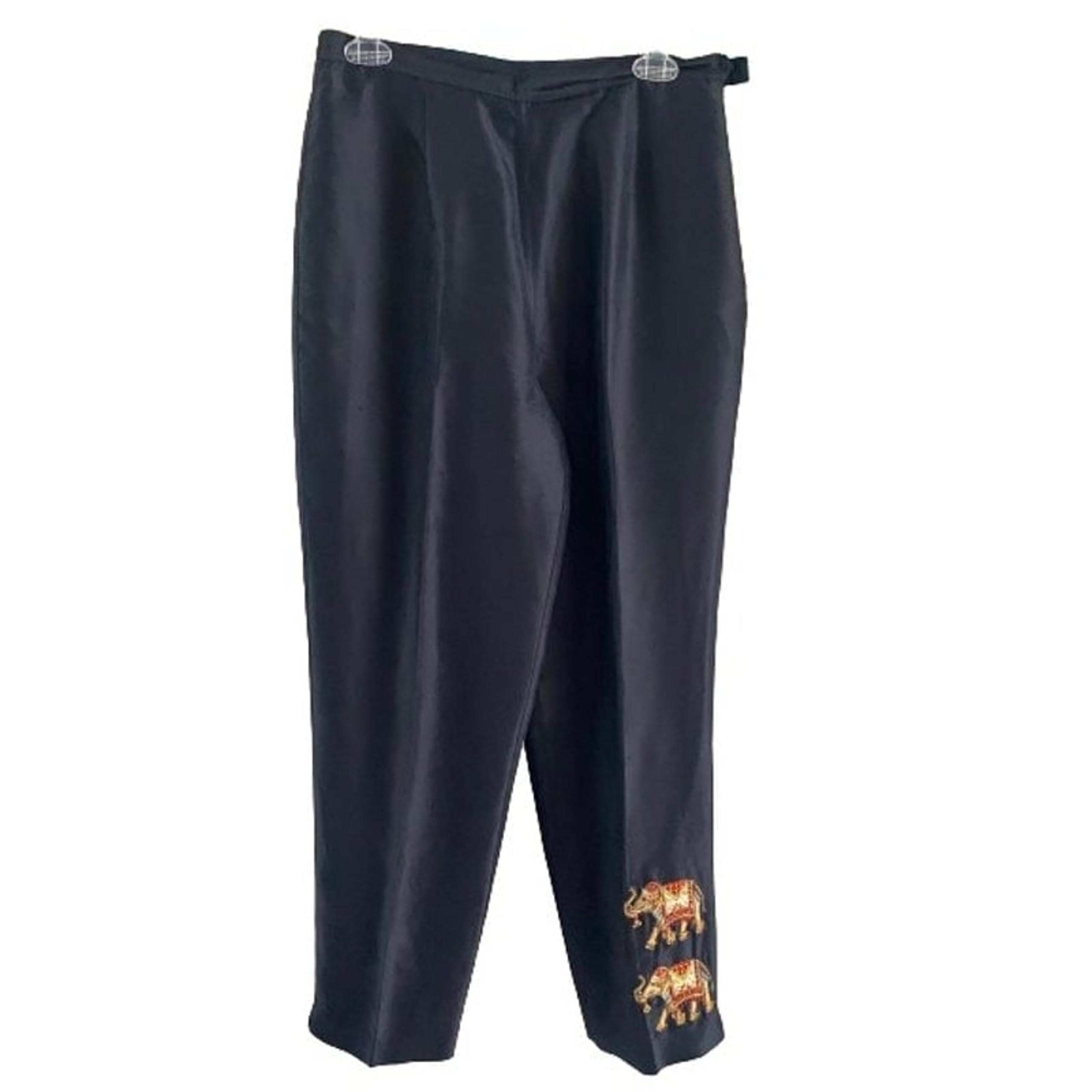 Silkland Black Silk Embroidered Beaded Elephants Side Zip Dress Pants Sz 8