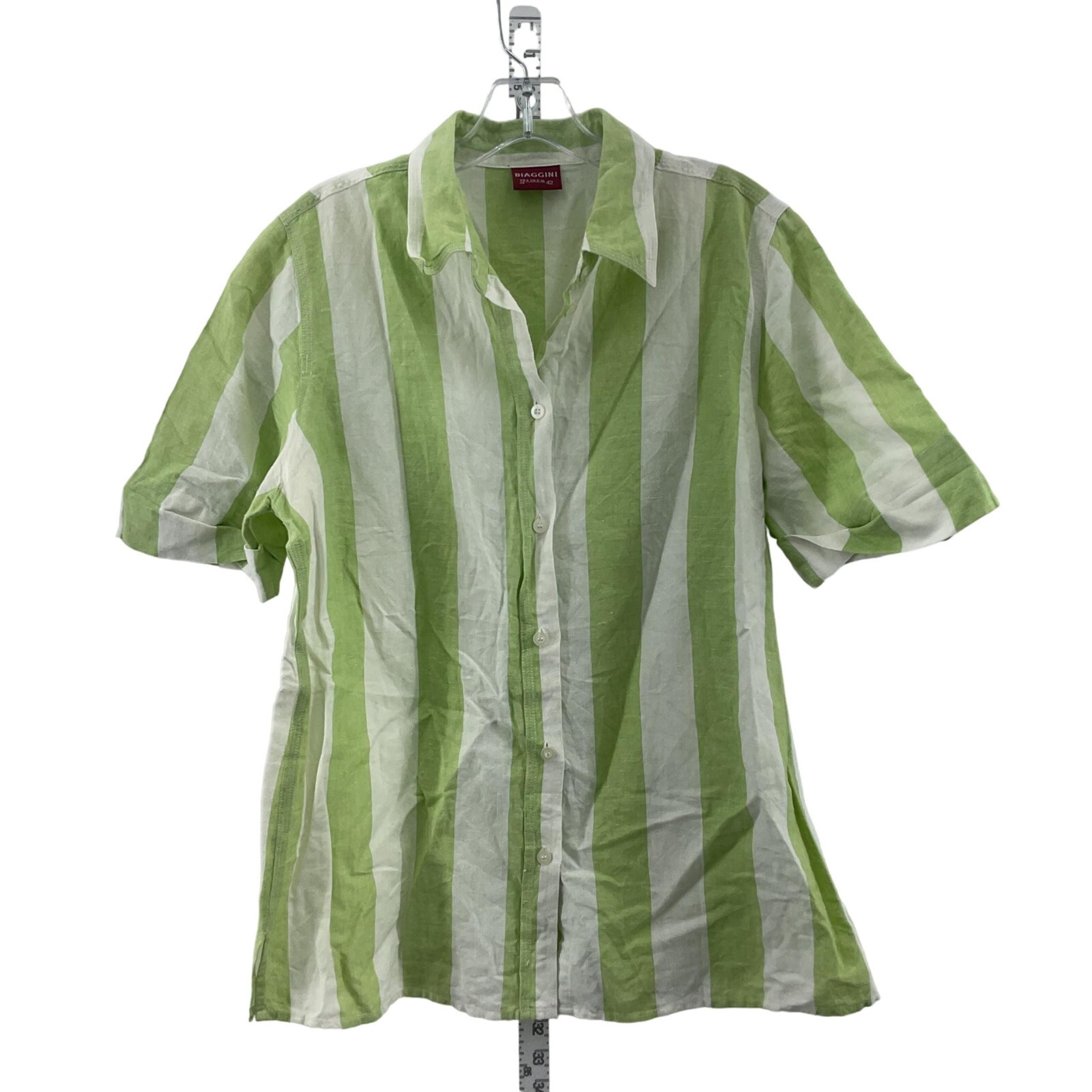 Biaggini Women's Green White Striped Short Sleeve Linen Button-Up Top Size 42