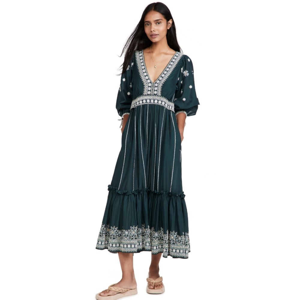 Cara Cara Round Hill Cotton Green Embroidered Midi Dress Small