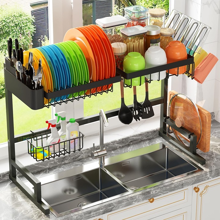 Over The Sink Dish Drying Rack, Snap-On Design 2 Tier Large Dish Rack