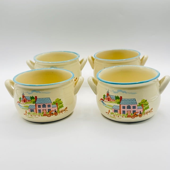 Vintage Old American Town Farmhouse Aesthetic Ceramic Bowls Set of 4