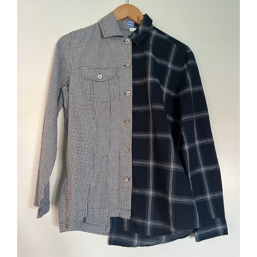 Upcycled Reworked 2 Classic Men Dress Shirts Sz M Button Down Blue Plaid Mashup